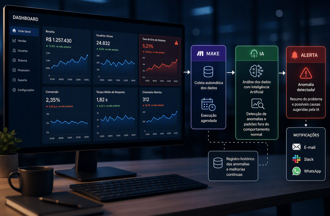 Fluxo começando por um Dashboard e terminando em uma processo de automação.